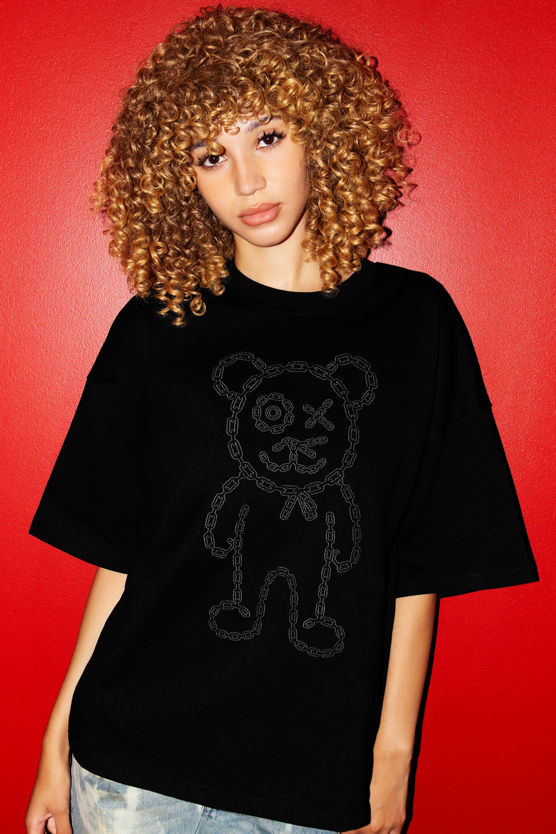 Graffiti Daddy Bear Black Organic Cotton Charcoal Chain Link Embroidery Tee