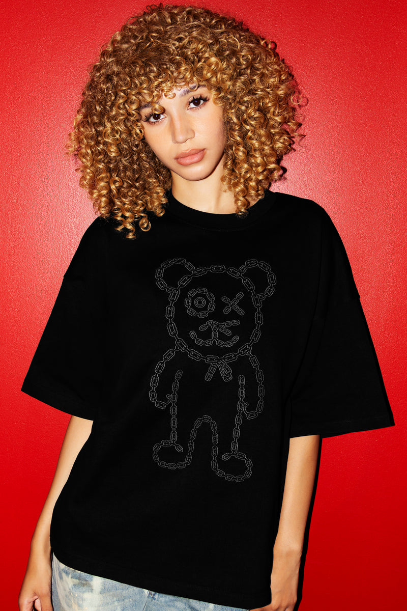 Graffiti Daddy Bear Black Organic Cotton Charcoal Chain Link Embroidery Tee