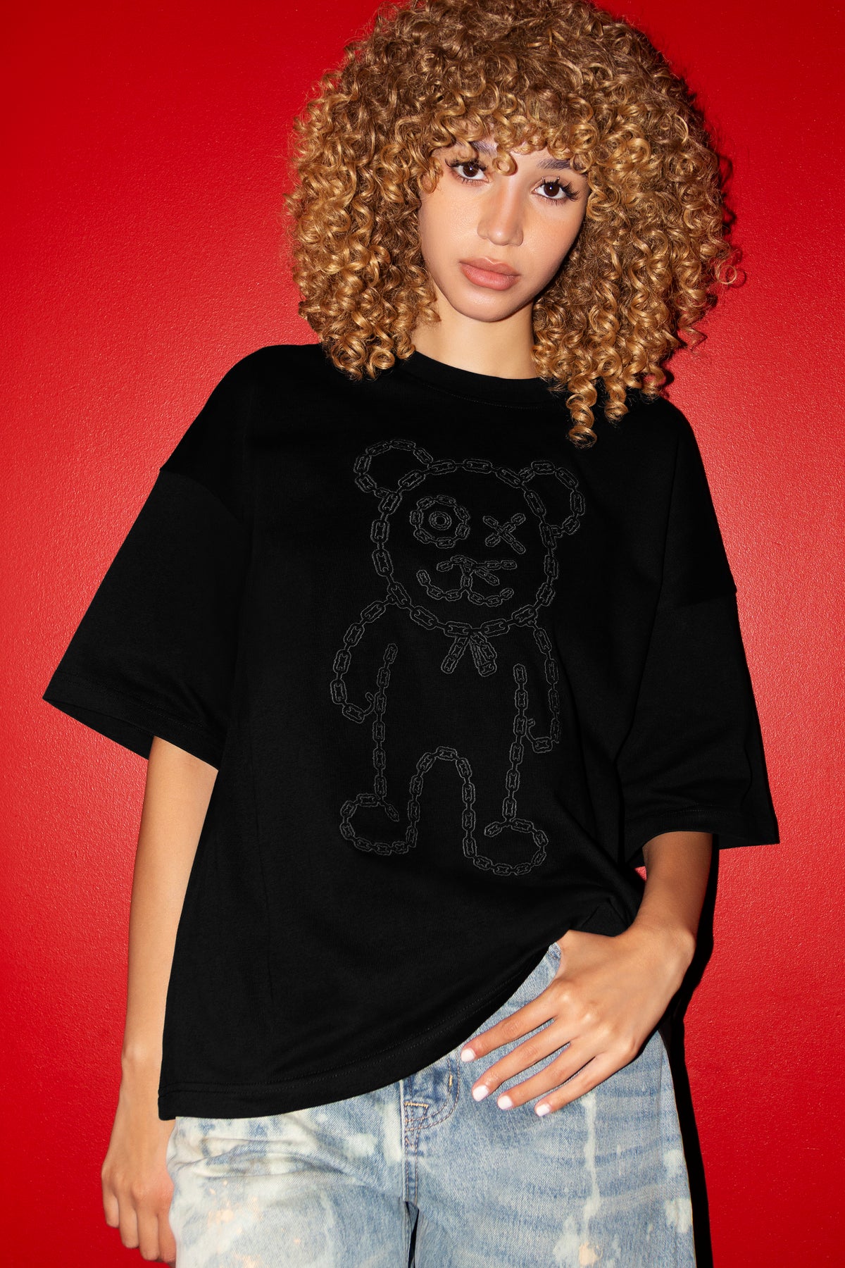 Graffiti Daddy Bear Black Organic Cotton Charcoal Chain Link Embroidery Tee