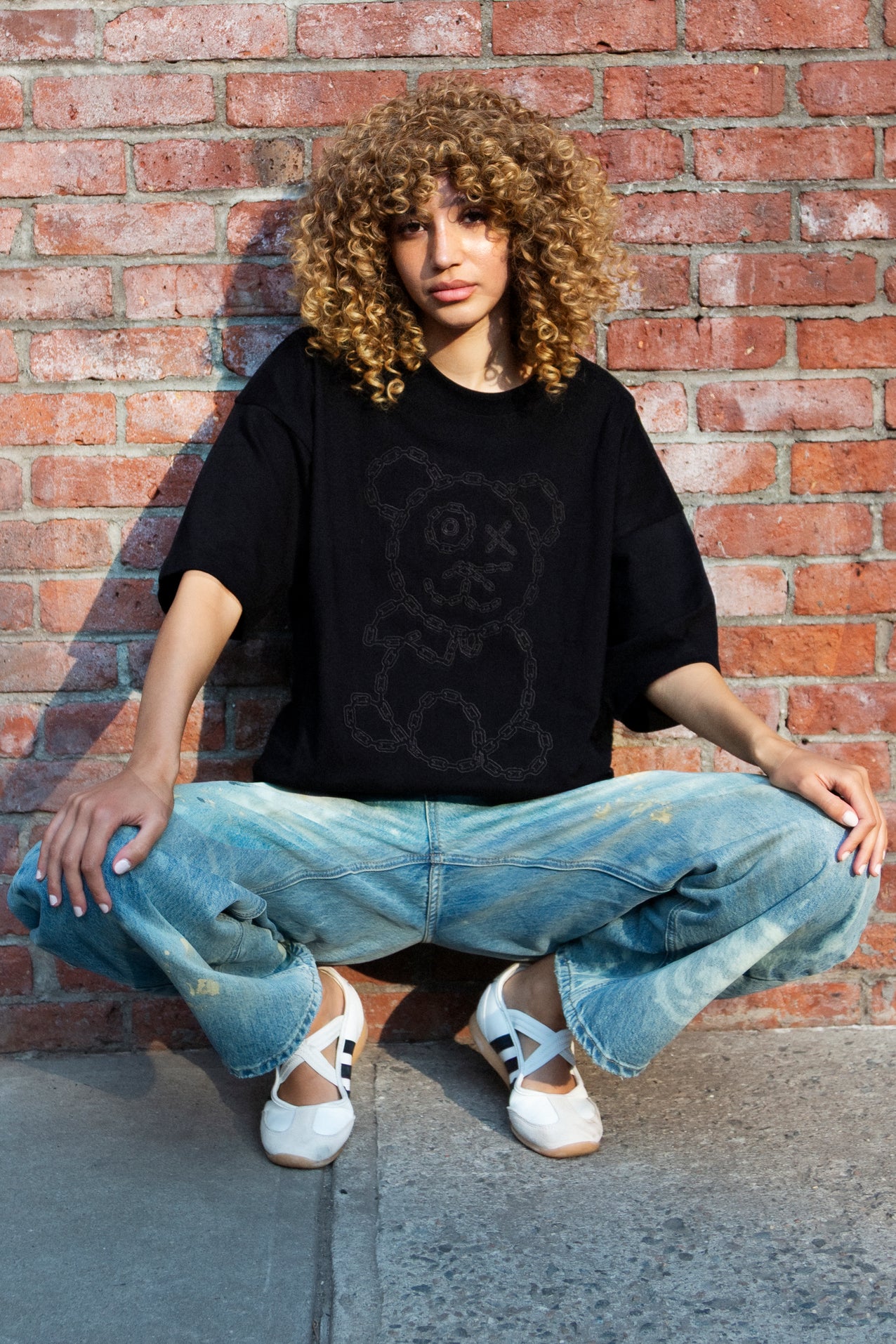 Graffiti Baby Bear Black Organic Cotton Charcoal Chain Link Embroidery Tee