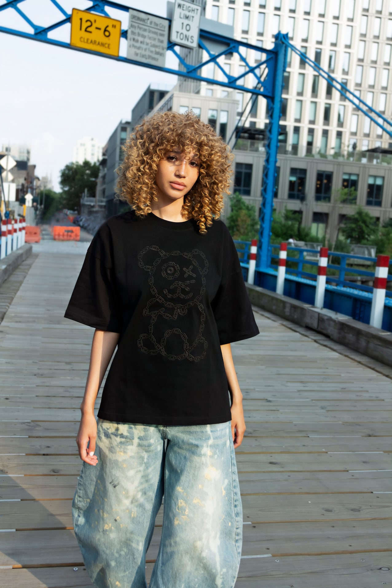 Graffiti Baby Bear Black Organic Cotton Charcoal Chain Link Embroidery Tee