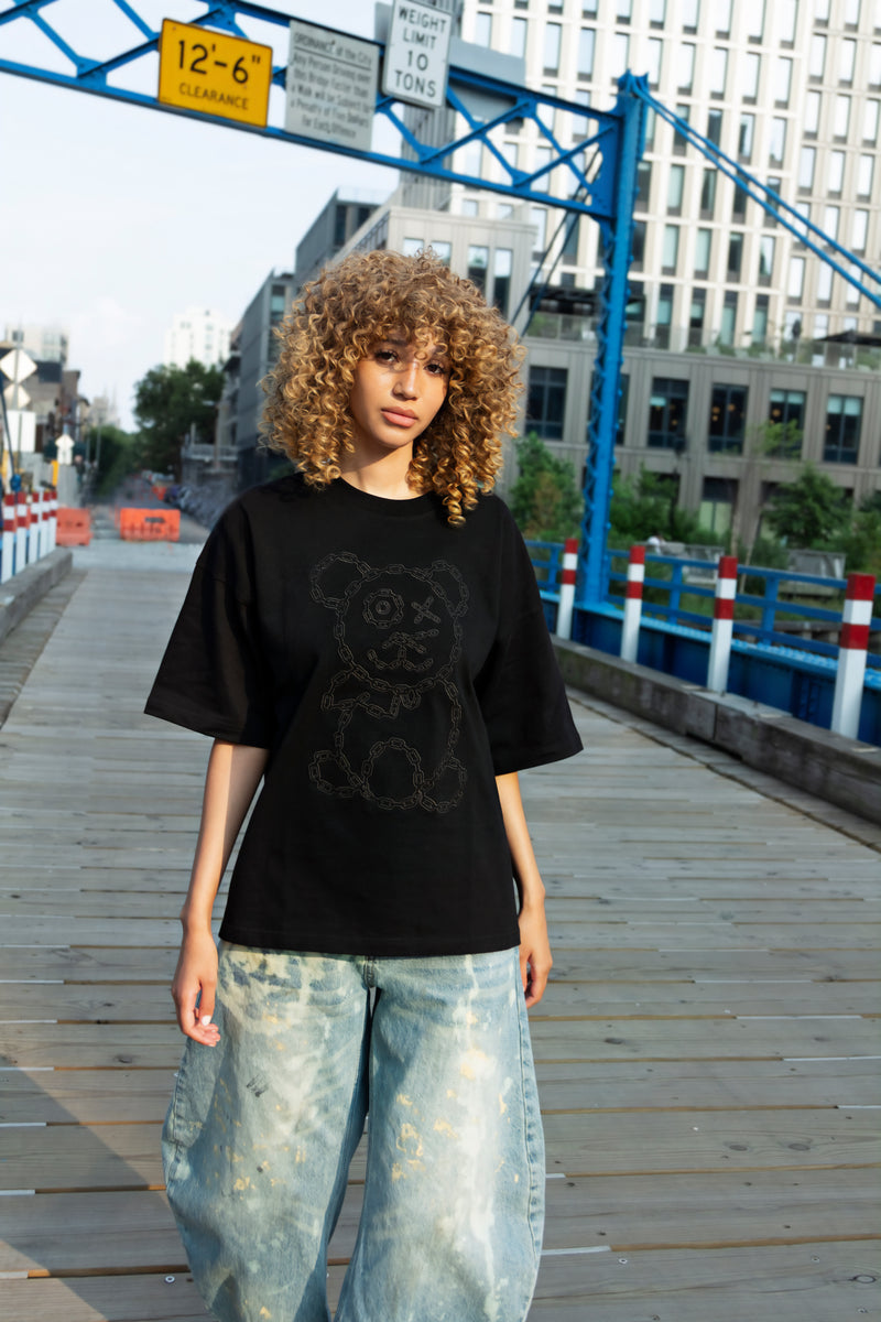 Graffiti Baby Bear Black Organic Cotton Charcoal Chain Link Embroidery Tee