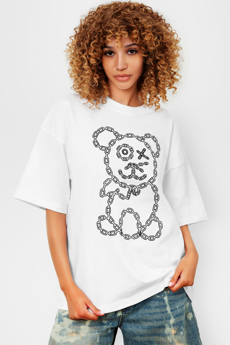 Graffiti Baby Bear White Organic Cotton Black Chain Link Embroidery Tee