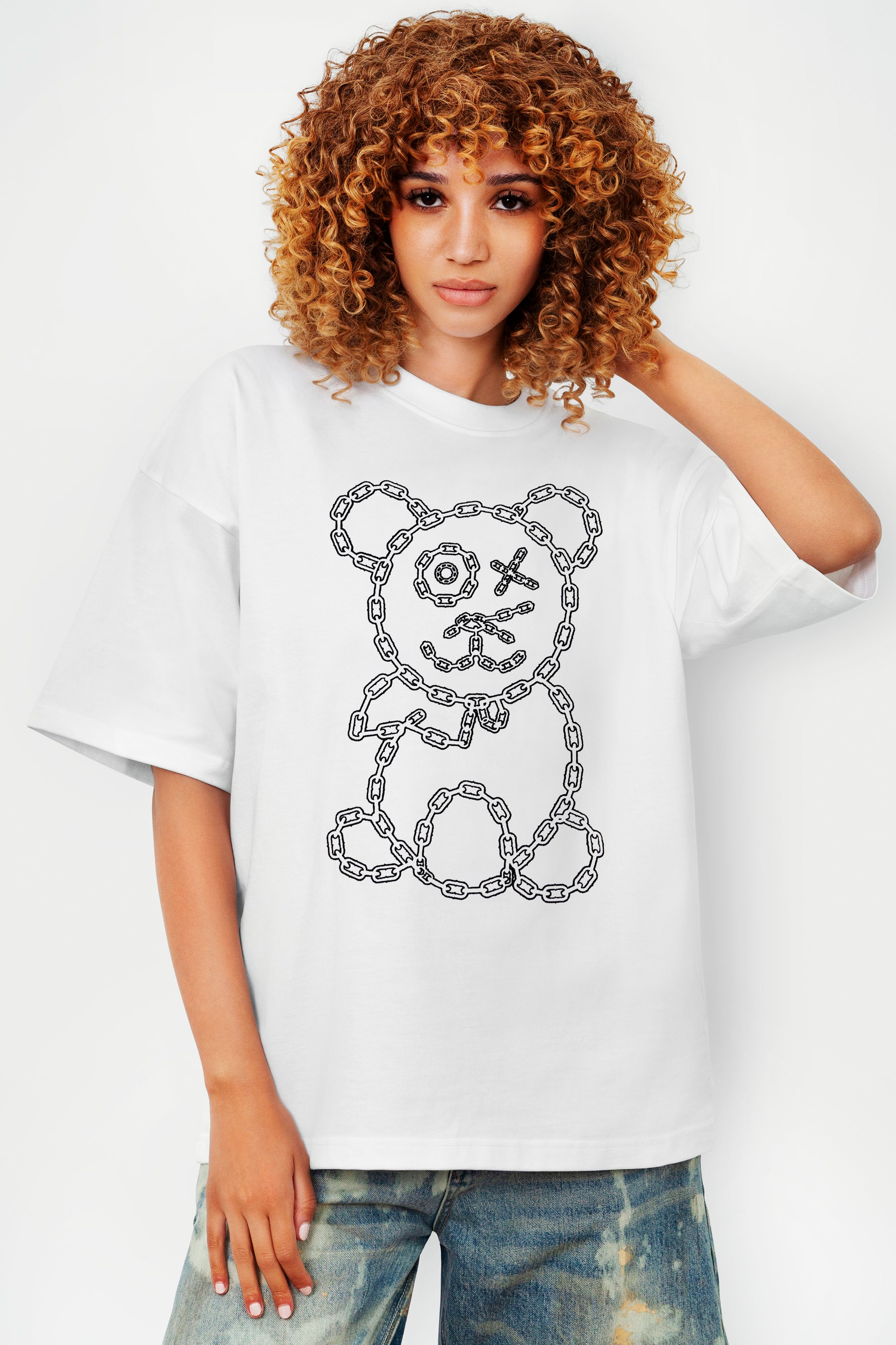 Graffiti Baby Bear White Organic Cotton Black Chain Link Embroidery Tee