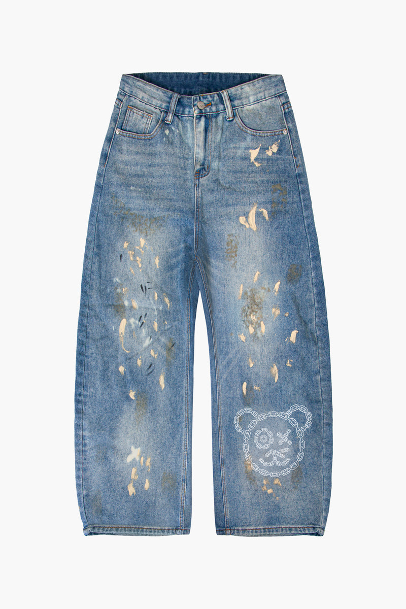 Universal Fit Graffiti Bear Chain Link Barrel Jeans