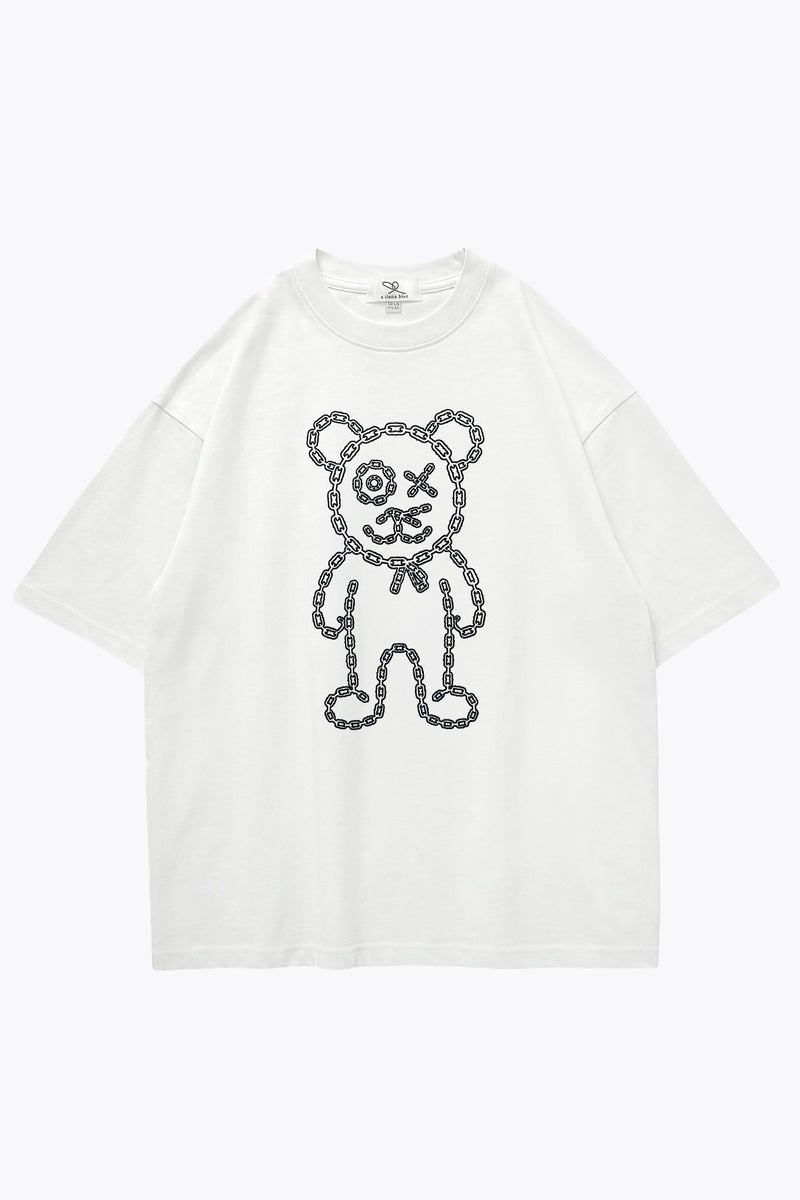 Graffiti Daddy Bear White Organic Cotton Black Chain Link Embroidery Tee
