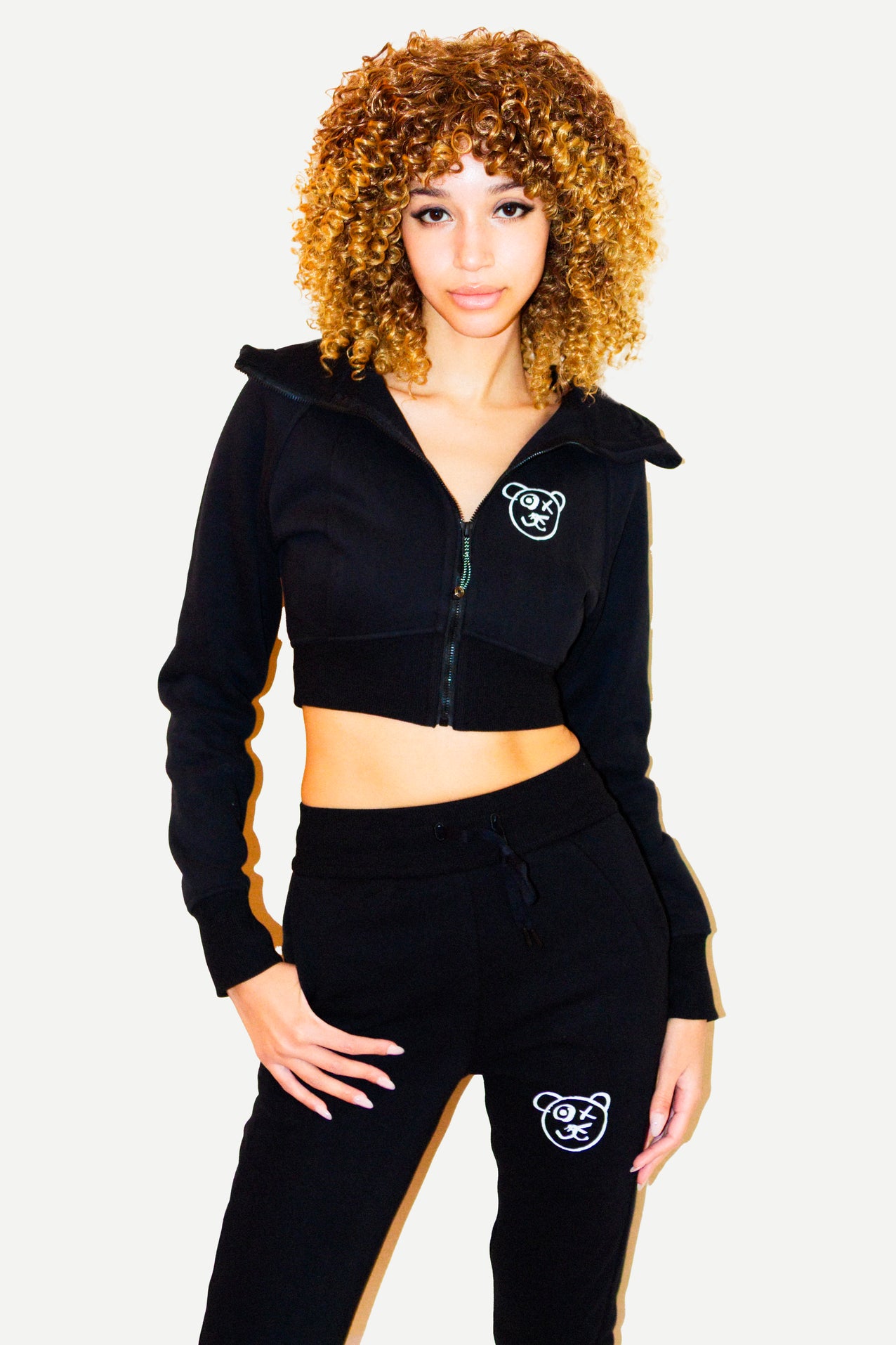 Graffiti Bear Noir Crop Hoodie Jacket