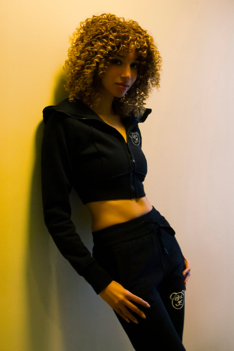 Graffiti Bear Noir Crop Hoodie Jacket