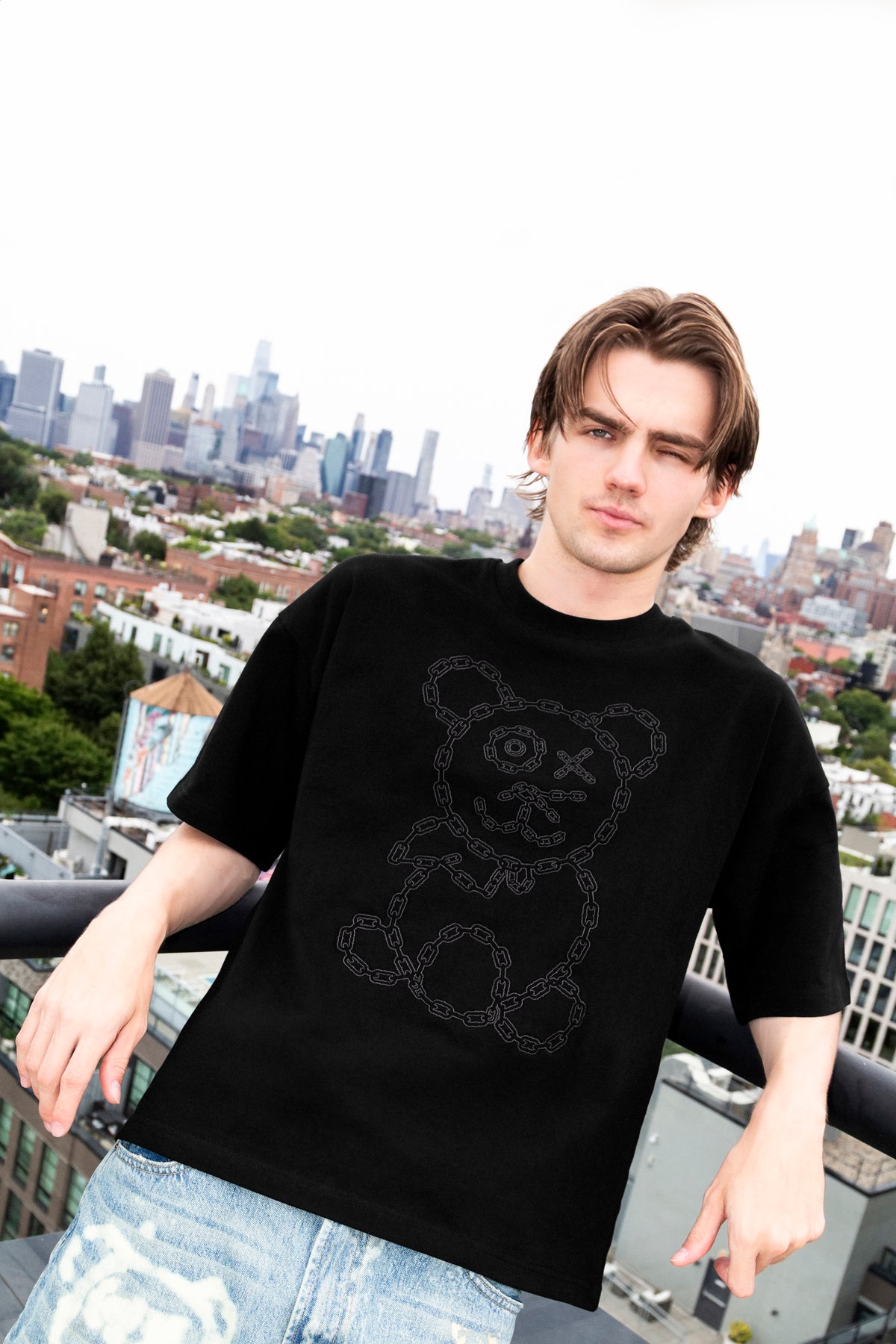 Universal Fit Graffiti Baby Bear Black Organic Cotton Charcoal Chain Link Embroidery Tee