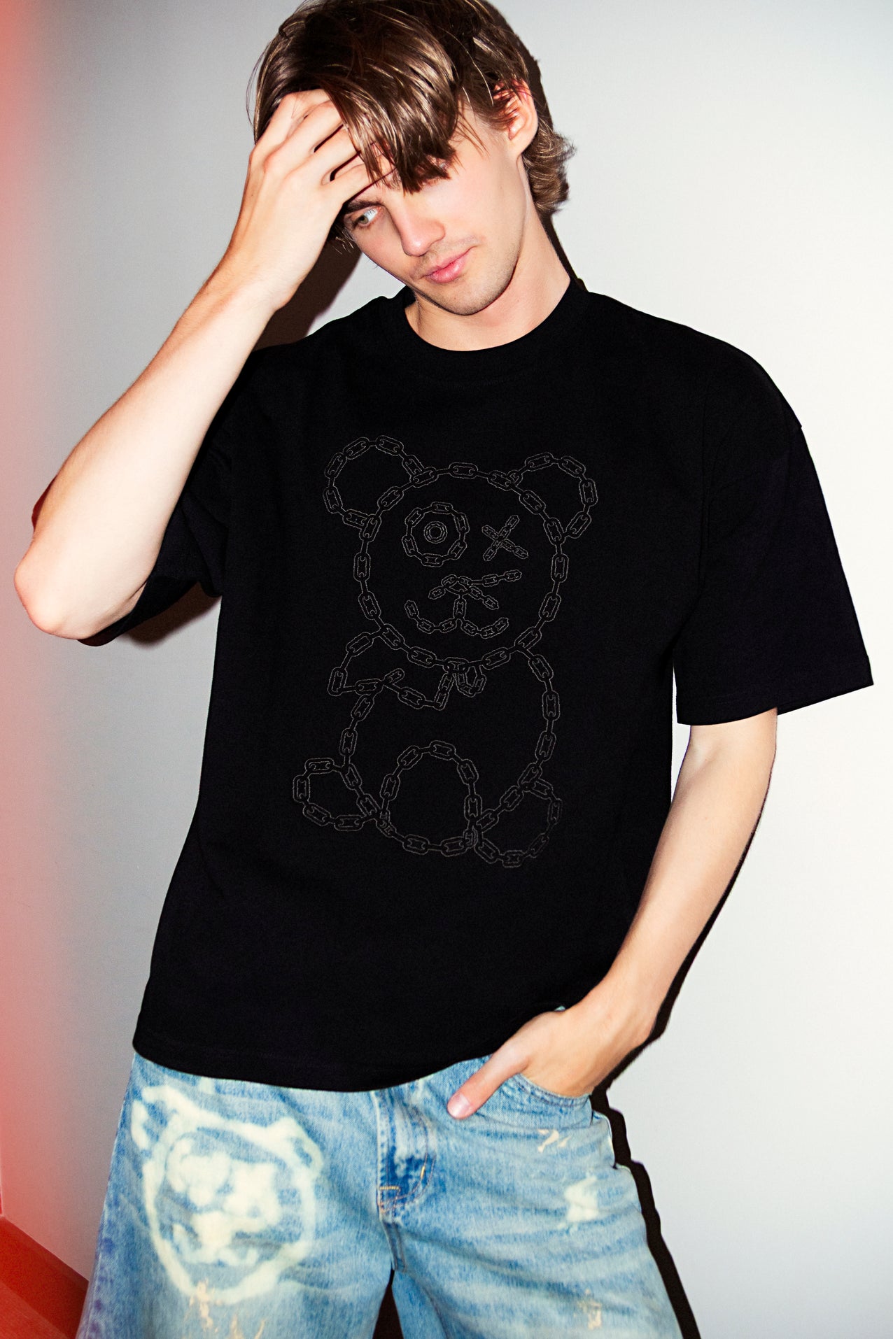 Universal Fit Graffiti Baby Bear Black Organic Cotton Charcoal Chain Link Embroidery Tee