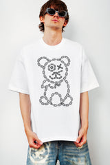 Universl Fit Graffiti Baby Bear White Organic Cotton Black Chain Link Embroidery Tee