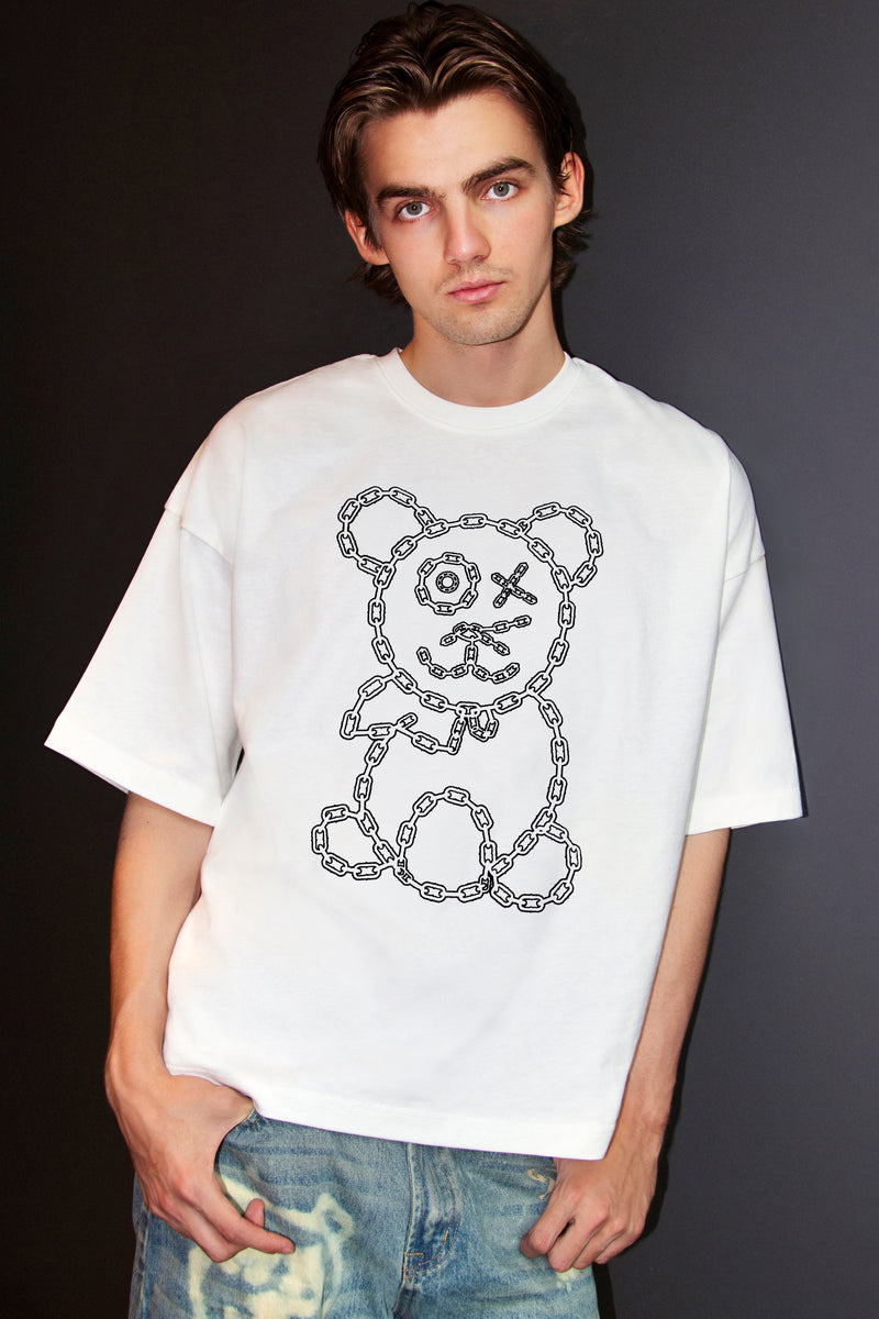Universl Fit Graffiti Baby Bear White Organic Cotton Black Chain Link Embroidery Tee
