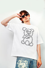 Universl Fit Graffiti Baby Bear White Organic Cotton Black Chain Link Embroidery Tee