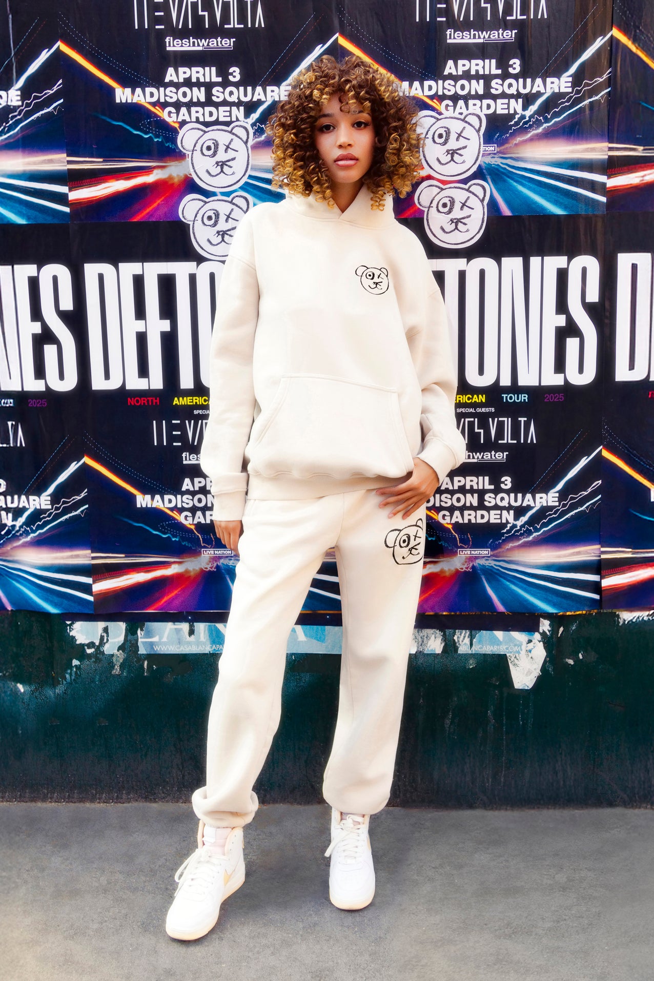 Graffiti Bear Cotton Cream Vintage Wash Hoodie