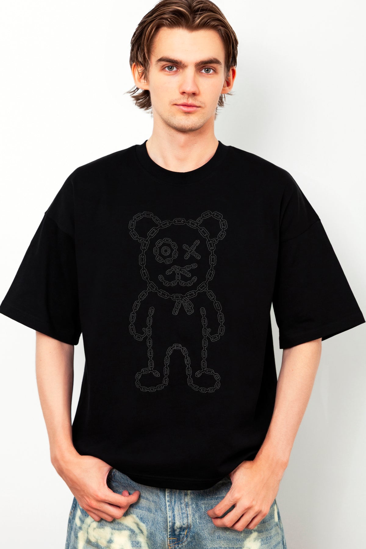 Universal Fit Graffiti Daddy Bear Black Organic Cotton Charcoal Chain Link Embroidery Tee
