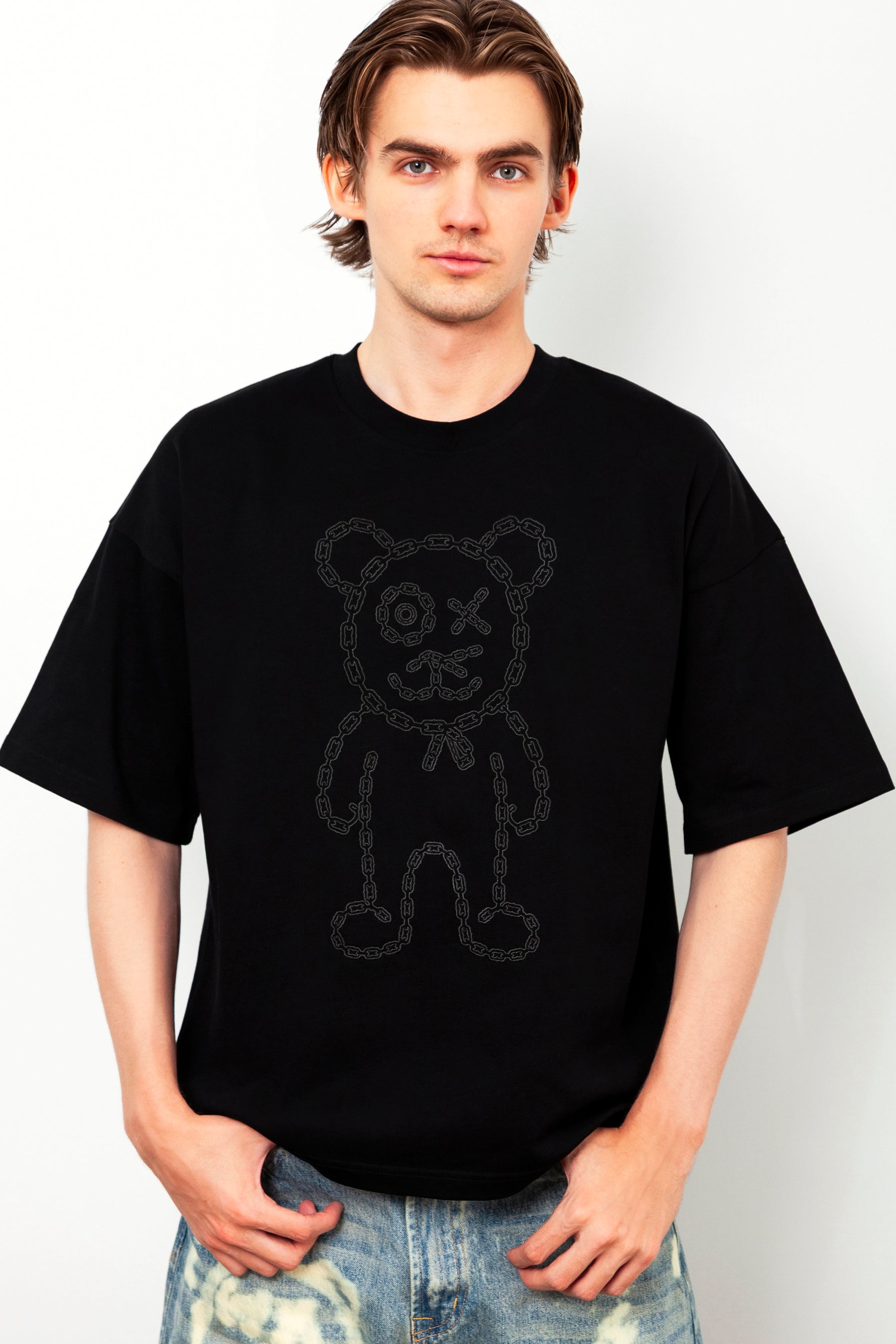 Universal Fit Graffiti Daddy Bear Black Organic Cotton Charcoal Chain Link Embroidery Tee