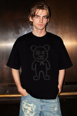 Universal Fit Graffiti Daddy Bear Black Organic Cotton Charcoal Chain Link Embroidery Tee