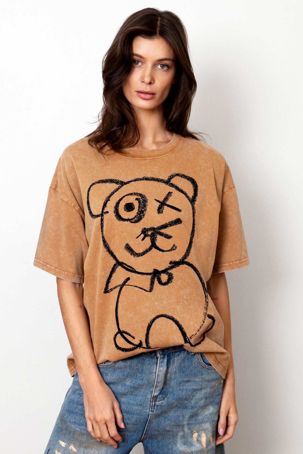 Graffiti Bear Vintage Wash Cotton Mocha T-Shirt