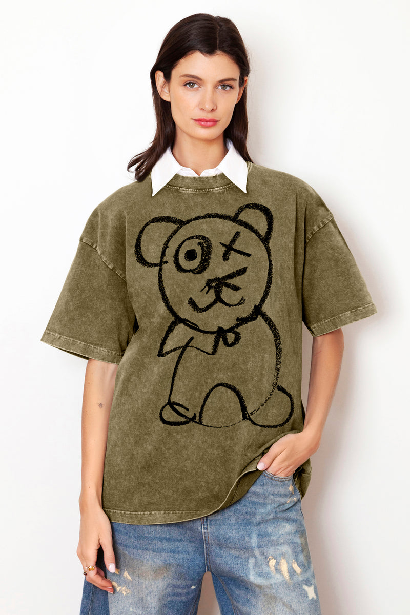 Graffiti Bear Vintage Wash Cotton Olive T-Shirt