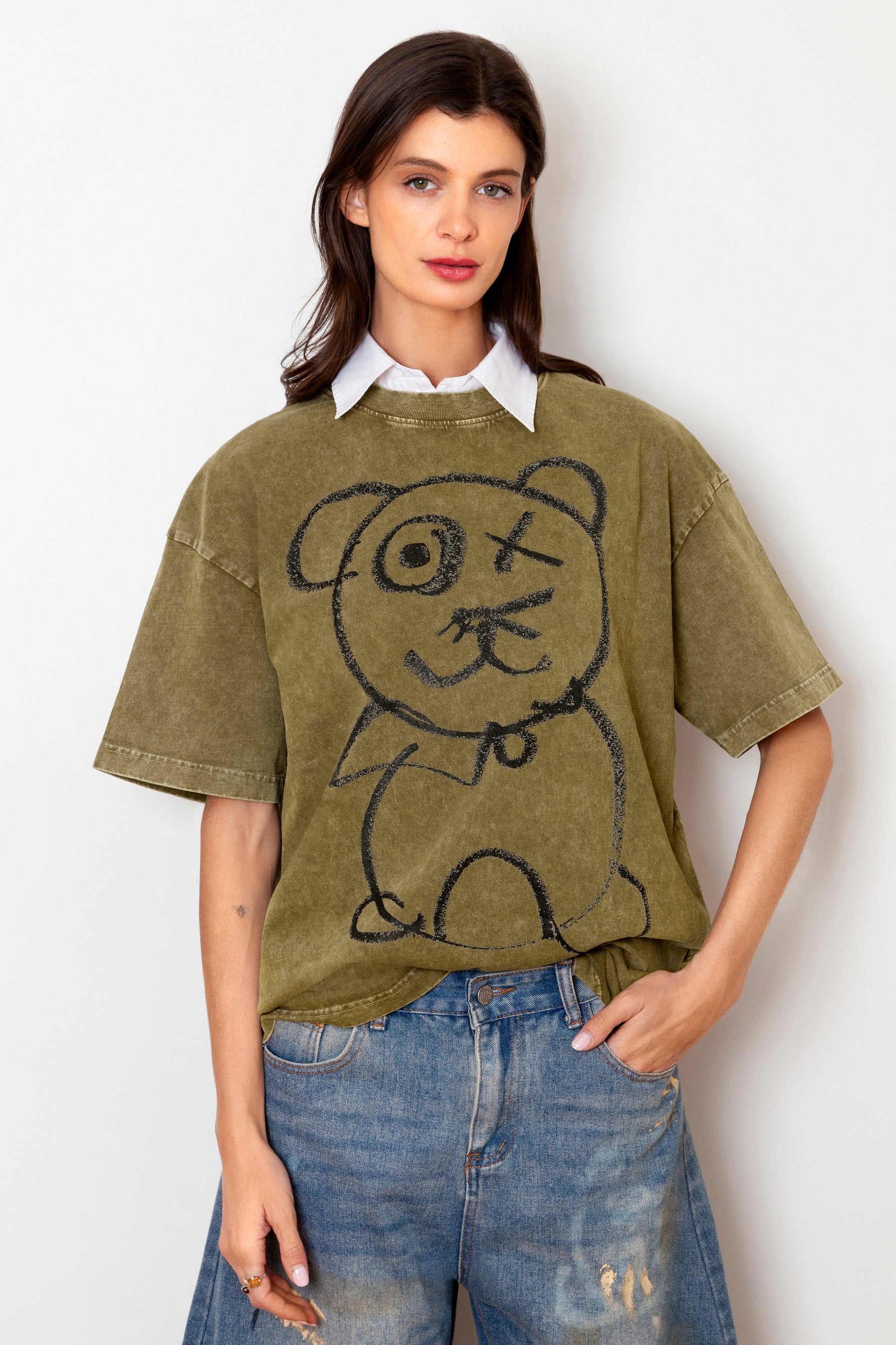 Graffiti Bear Vintage Wash Cotton Tee Olive