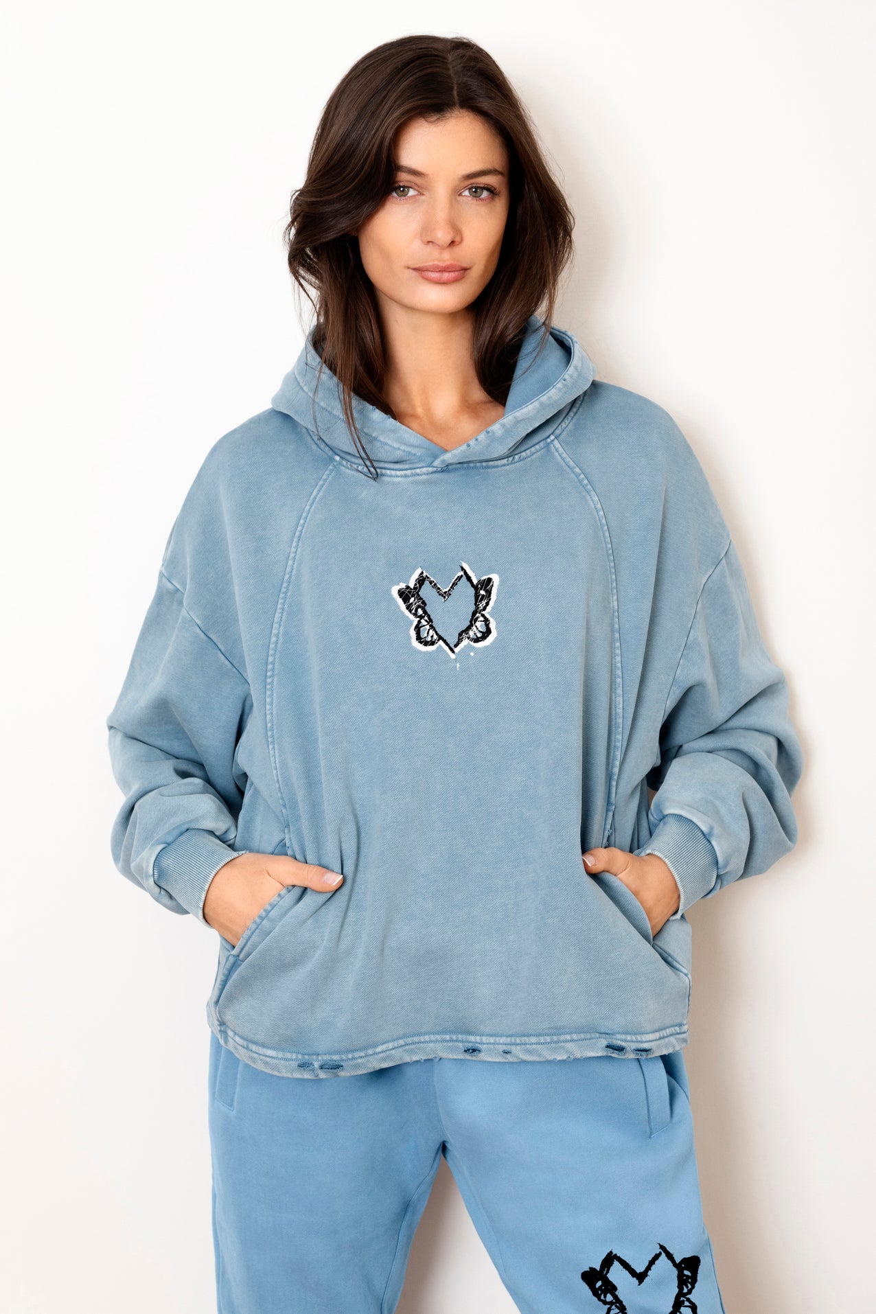 Heart With Wings Teal Blue Signature Streetware Distressed Hoodie