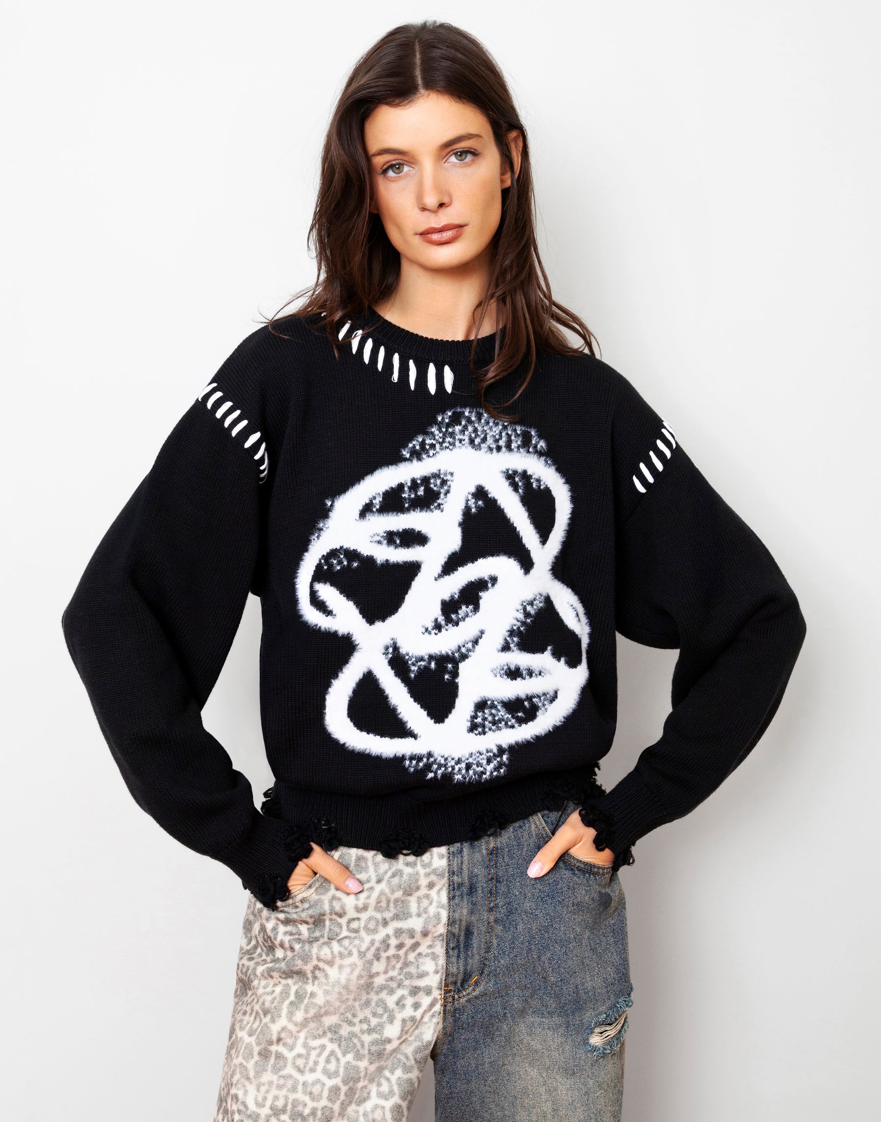 Legacy Logo Cotton Distressed Fuzzy Knit Raw Cut Sweater