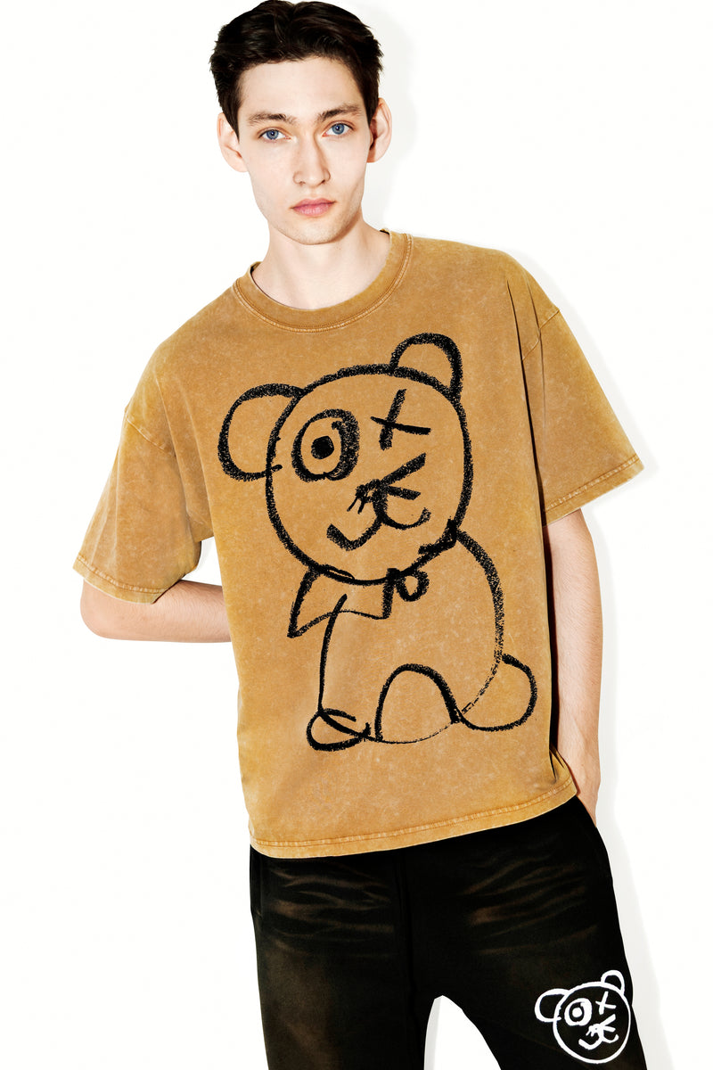Universal Fit Graffiti Bear Vintage Wash Cotton Tee Mocha