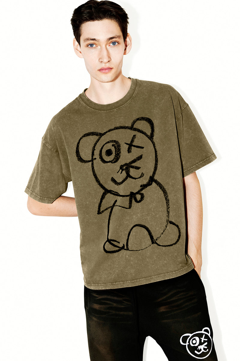 Universal Fit Graffiti Bear Vintage Wash Cotton Olive T-Shirt