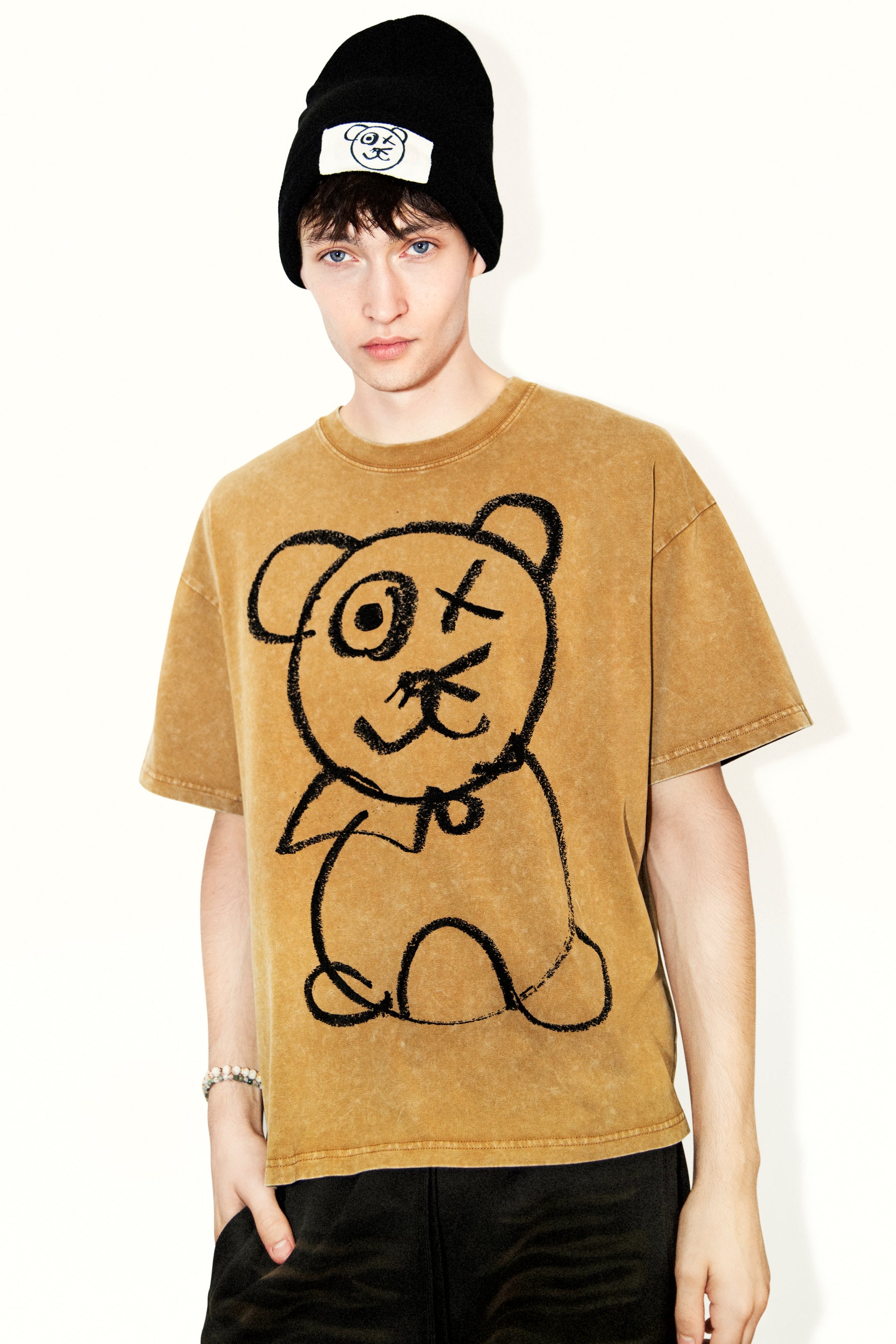 Universal Fit Graffiti Bear Vintage Wash Cotton Tee Mocha