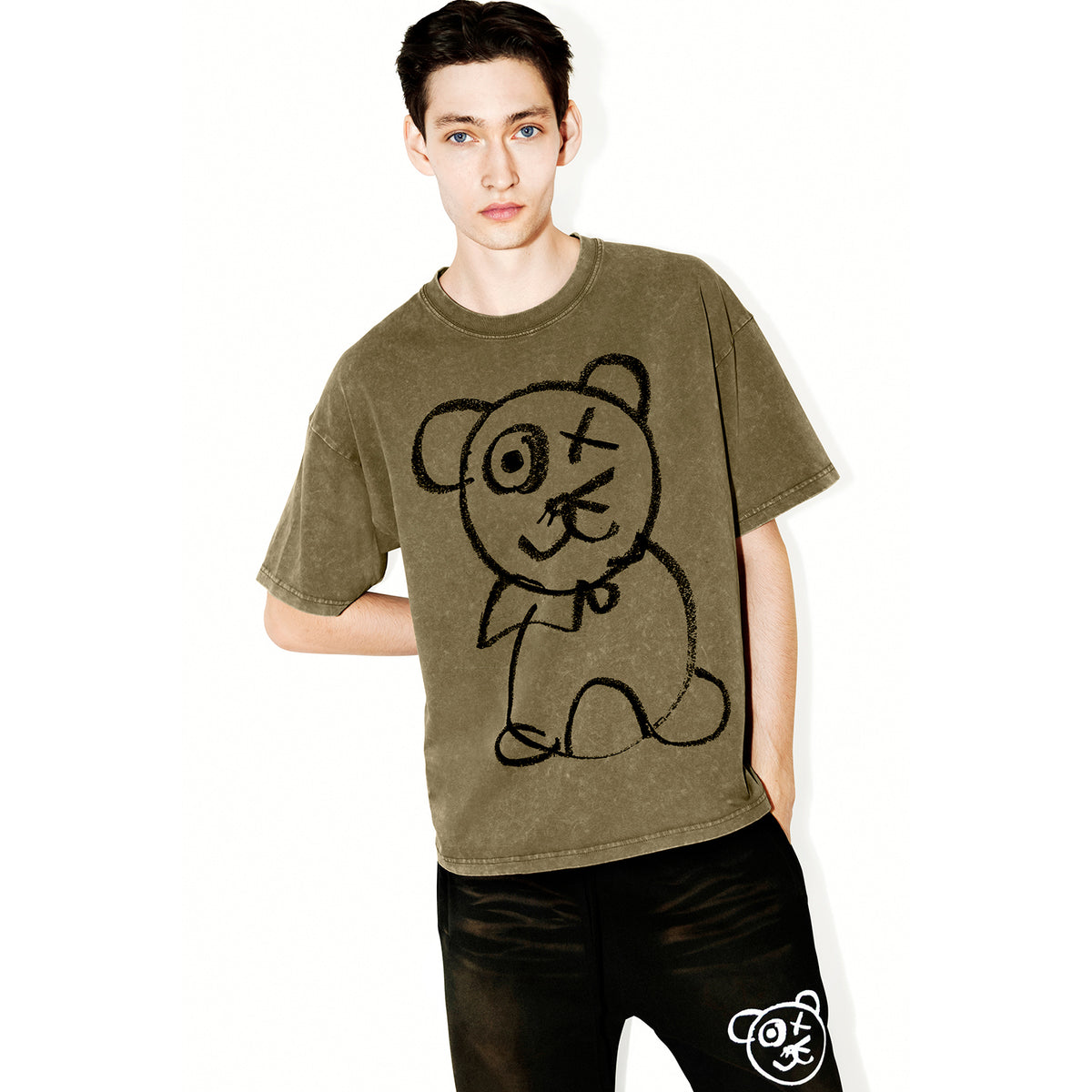 Universal Fit Graffiti Bear Vintage Wash Cotton Olive T-Shirt