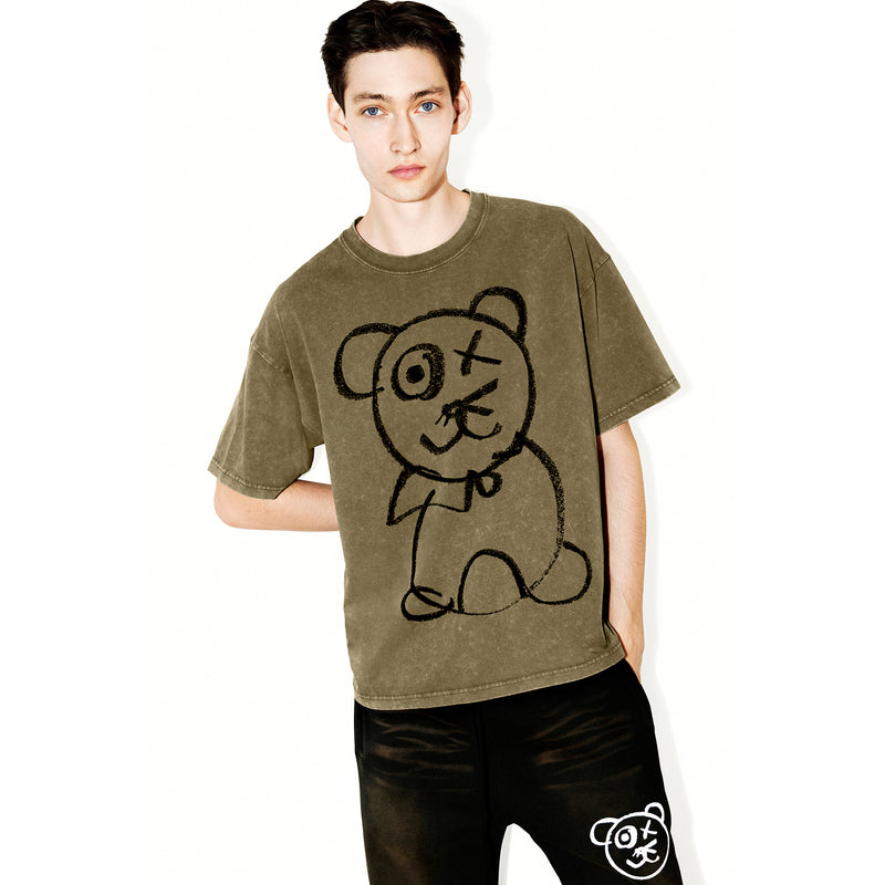 Universal Fit Graffiti Bear Vintage Wash Cotton Olive T-Shirt