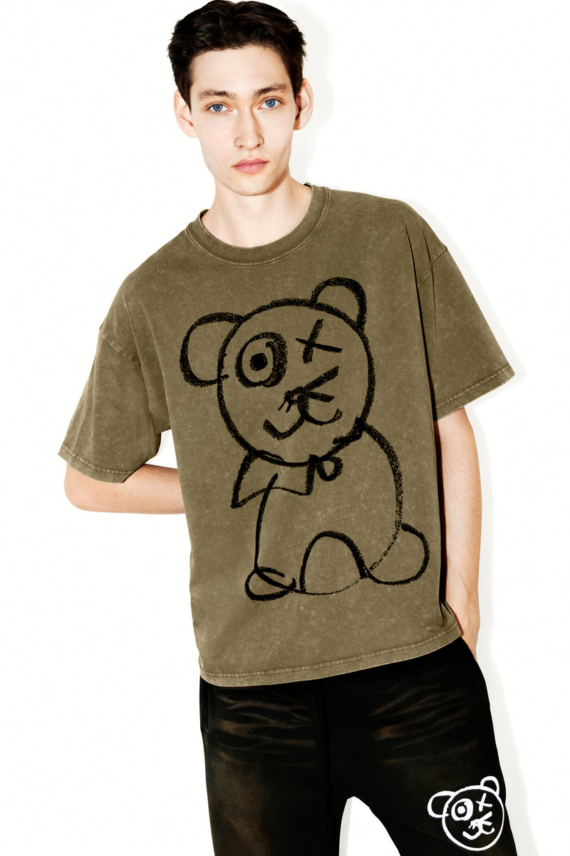 Universal Fit Graffiti Bear Vintage Wash Cotton Olive T-Shirt