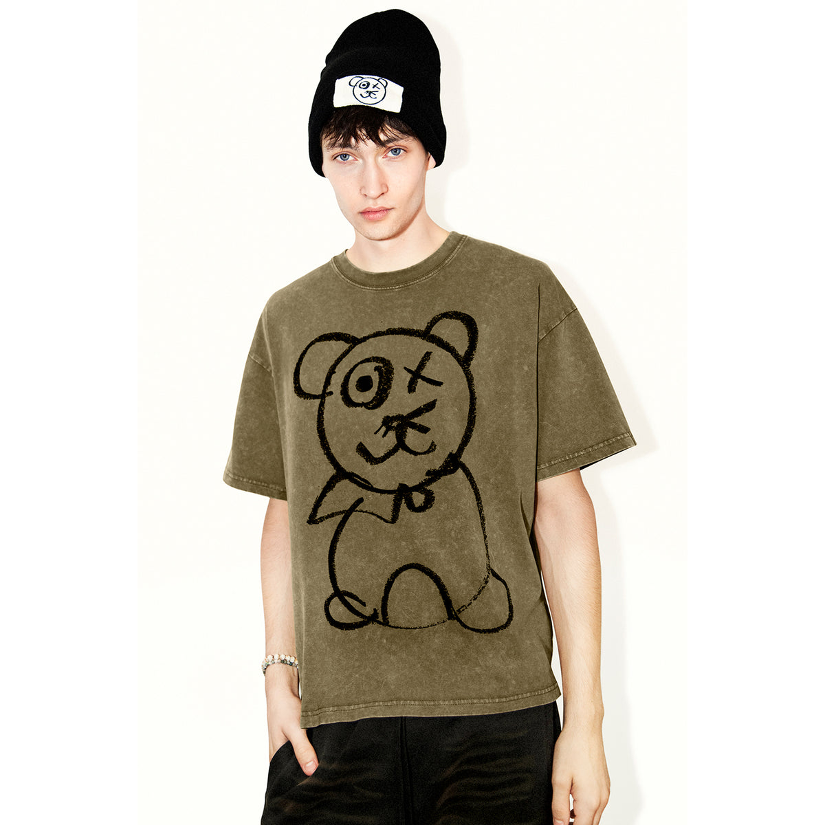 Universal Fit Graffiti Bear Vintage Wash Cotton Olive T-Shirt