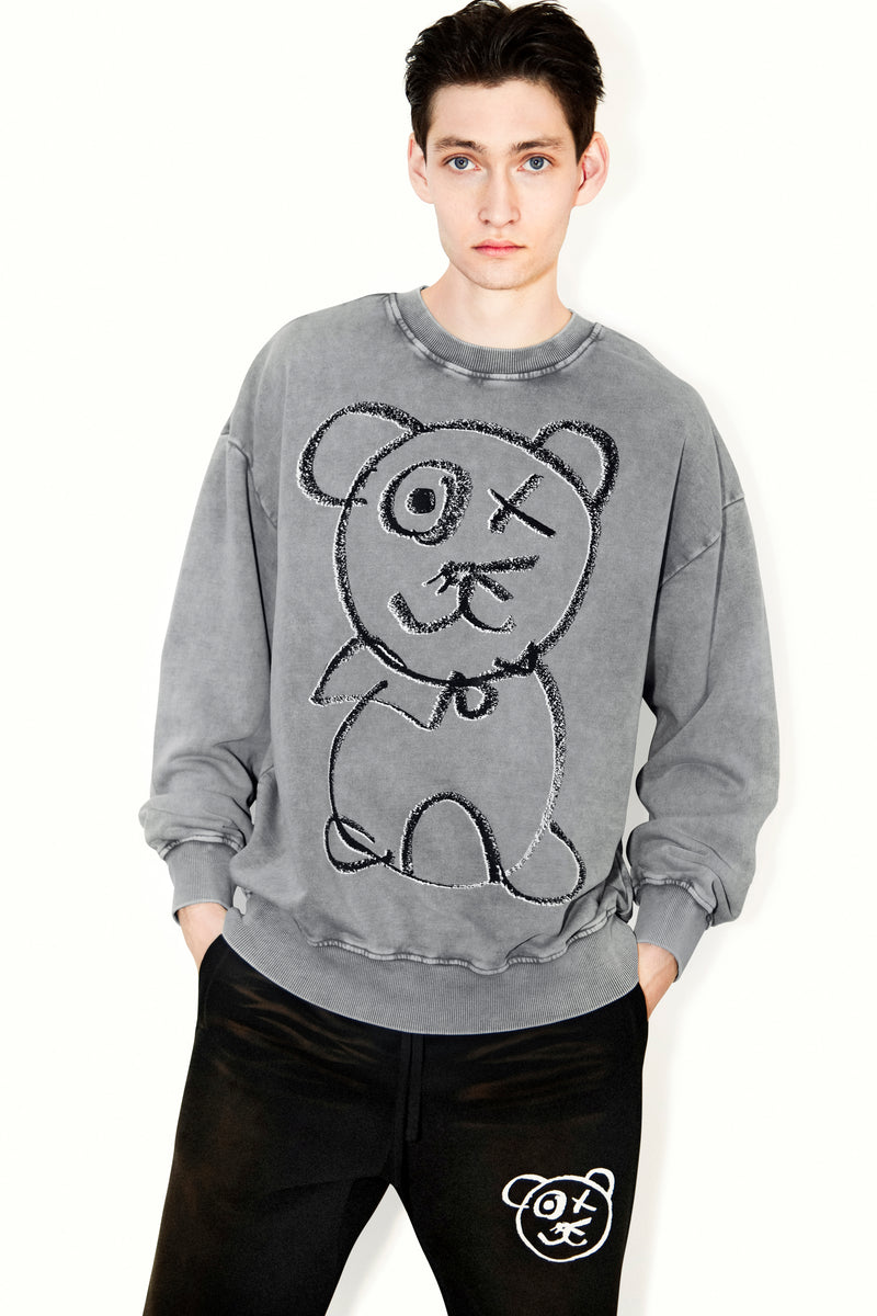 Universal Fit Graffiti Bear Vintage Washed Cotton Platinum Crewneck