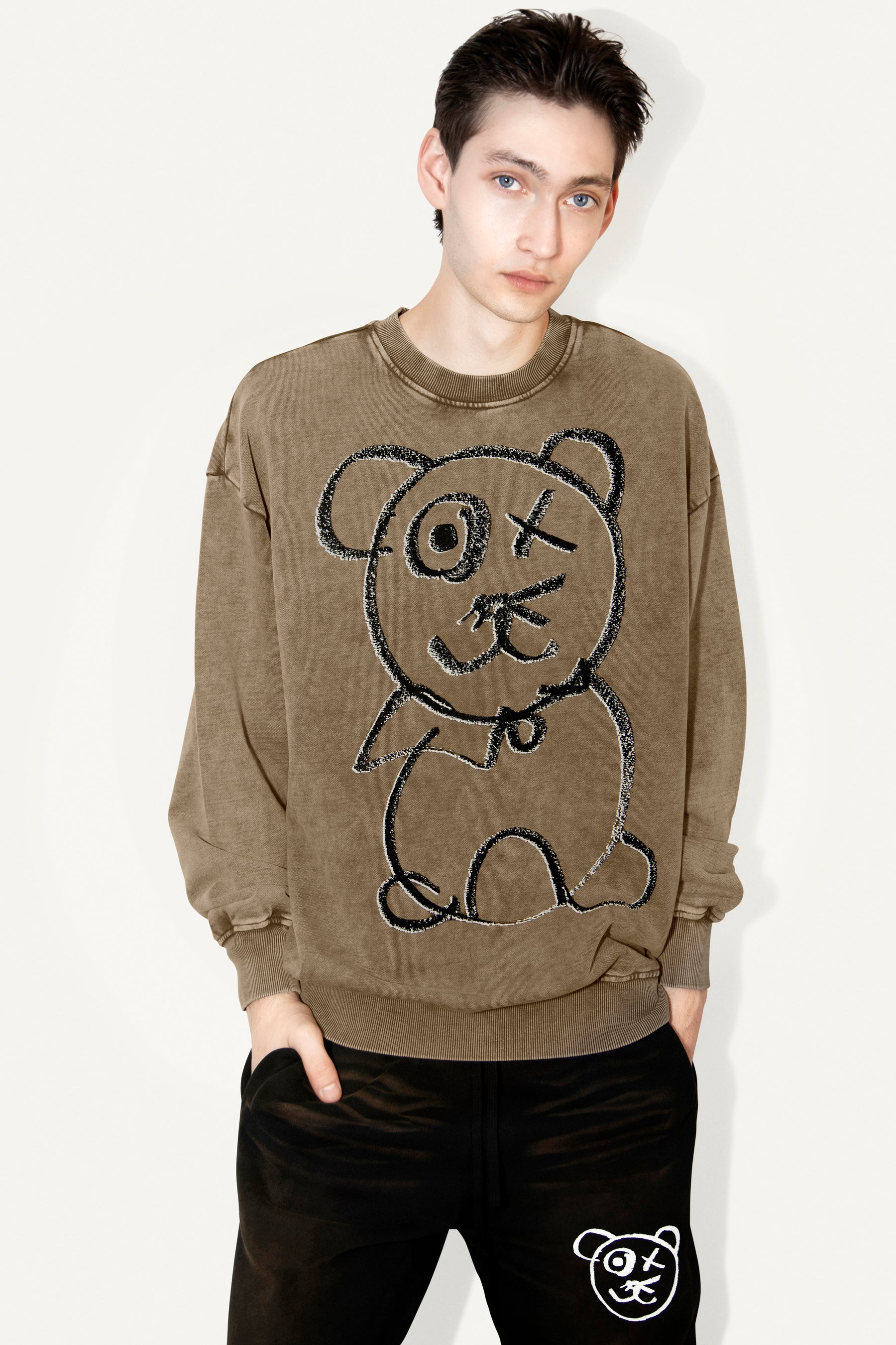 Universal Fit Graffiti Bear Vintage Washed Cotton Sage Crewneck