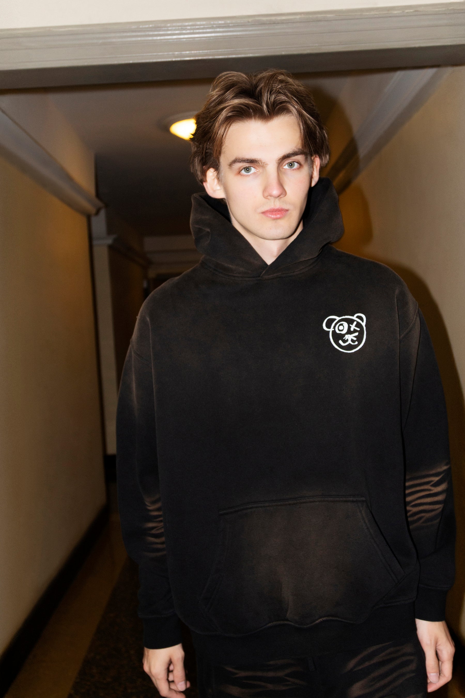 Universal Fit Graffiti Bear Cotton Espresso Vintage Wash Hoodie