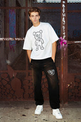 Universal Fit Graffiti Daddy Bear White Organic Cotton Black Chain Link Embroidery Tee