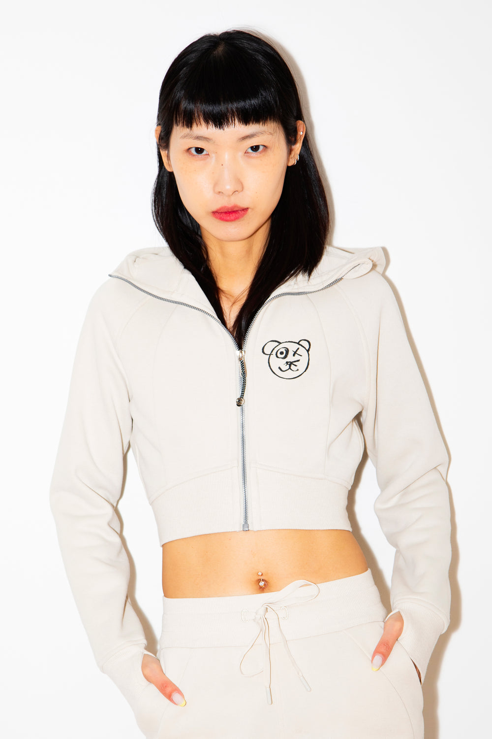 Graffiti Bear | Neutral Crop Hoodie Jacket