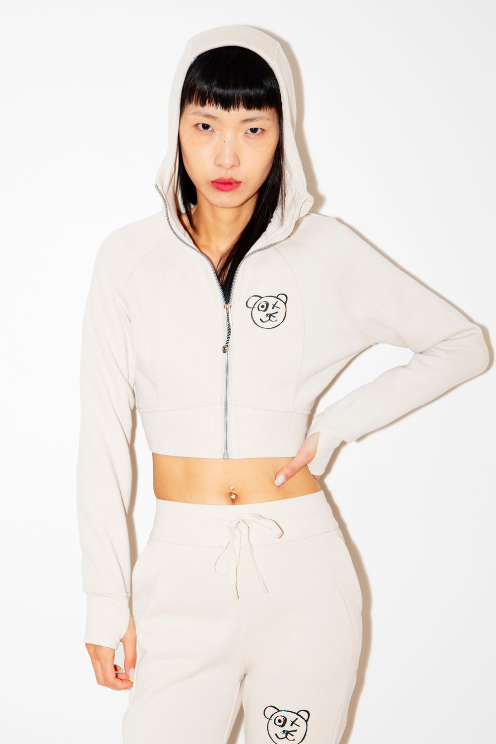 Graffiti Bear | Neutral Crop Hoodie Jacket