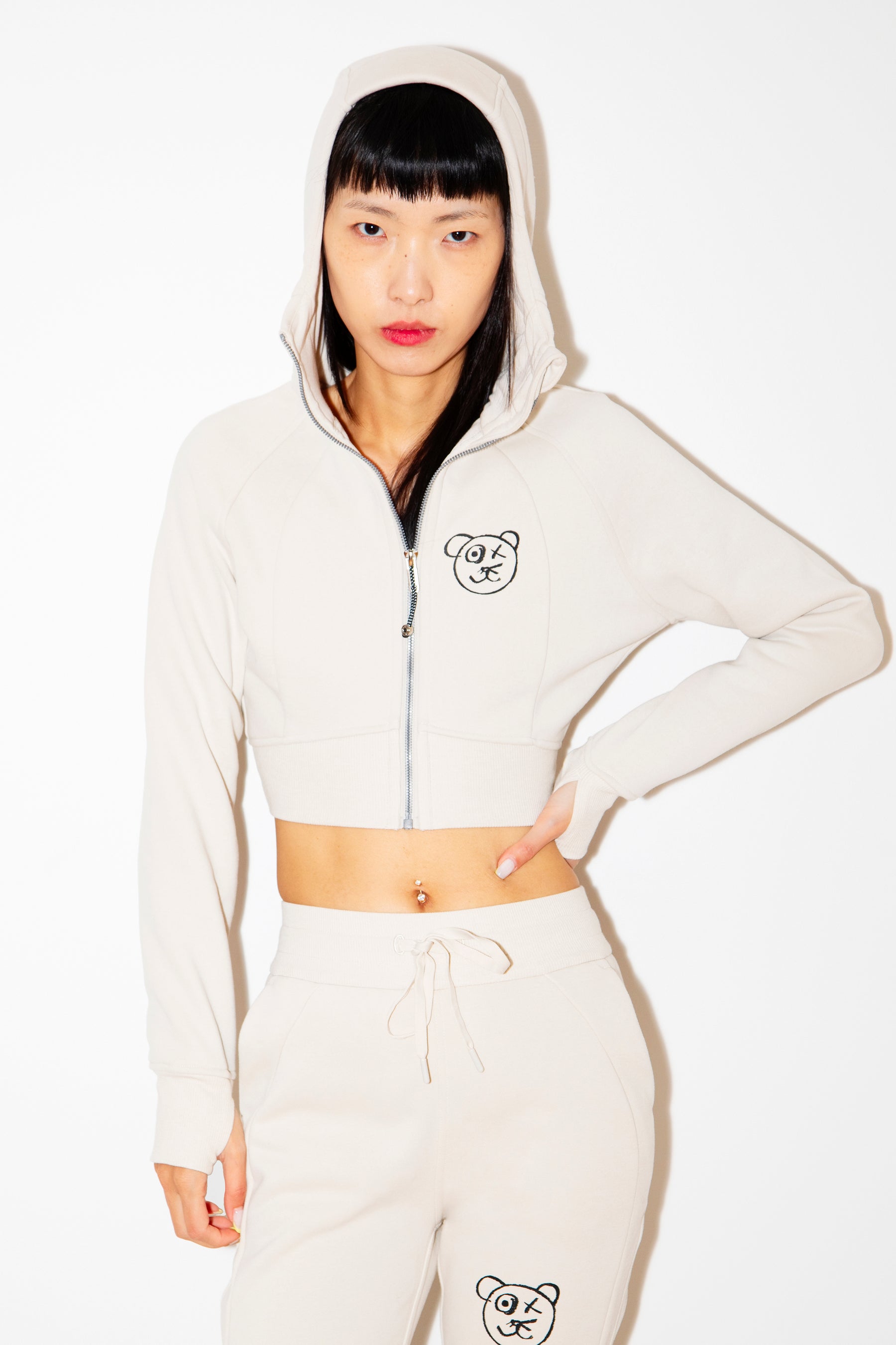 Graffiti Bear | Neutral Crop Hoodie Jacket